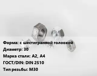 Гайка с шестигранной головкой D=30 Сталь: А2, А4 DIN 2510 М30